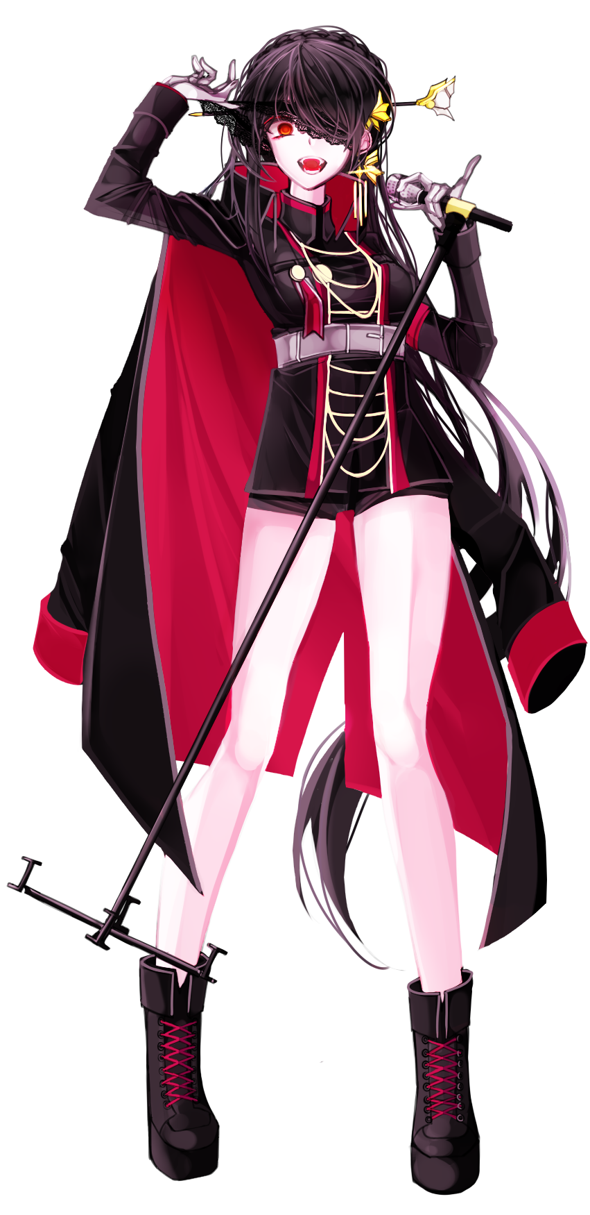 1girl annlin ara_han cloak devi_(elsword) elsword eyepatch eyepatch_lift fangs full_body gloves hair_ornament hair_over_one_eye hairclip hairpin highres long_hair microphone standing