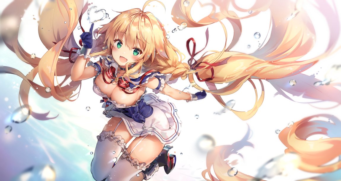 1girl absurdly_long_hair ahoge azur_lane bangs blonde_hair blush boots bow braid breasts bubble capelet commentary_request cross-laced_clothes dress eyebrows_visible_through_hair floating_hair frilled_gloves frilled_legwear frills garter_straps gloves green_eyes hair_between_eyes hair_intakes hair_ribbon heart high_heel_boots high_heels horizontal_stripes index_finger_raised large_breasts le_temeraire_(azur_lane) long_hair looking_at_viewer low_twintails open_mouth red_ribbon ribbon riichu rudder_shoes sidelocks skirt solo striped twintails underbust underwater very_long_hair water_drop white_legwear