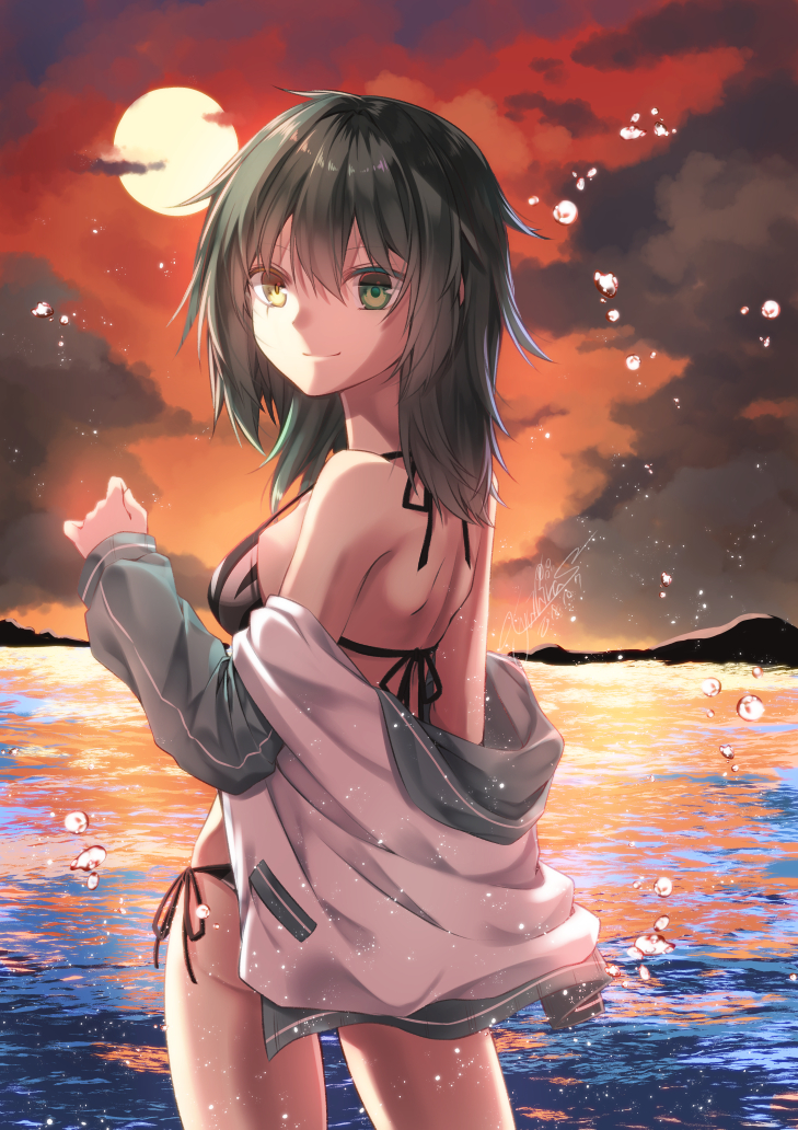 1girl alternate_costume bikini blush breasts closed_mouth clouds eyebrows_visible_through_hair green_eyes green_hair hair_between_eyes heterochromia jacket kantai_collection kiso_(kantai_collection) looking_at_viewer ocean scar scar_across_eye small_breasts solo sunset swimsuit water_drop yellow_eyes yuihira_asu