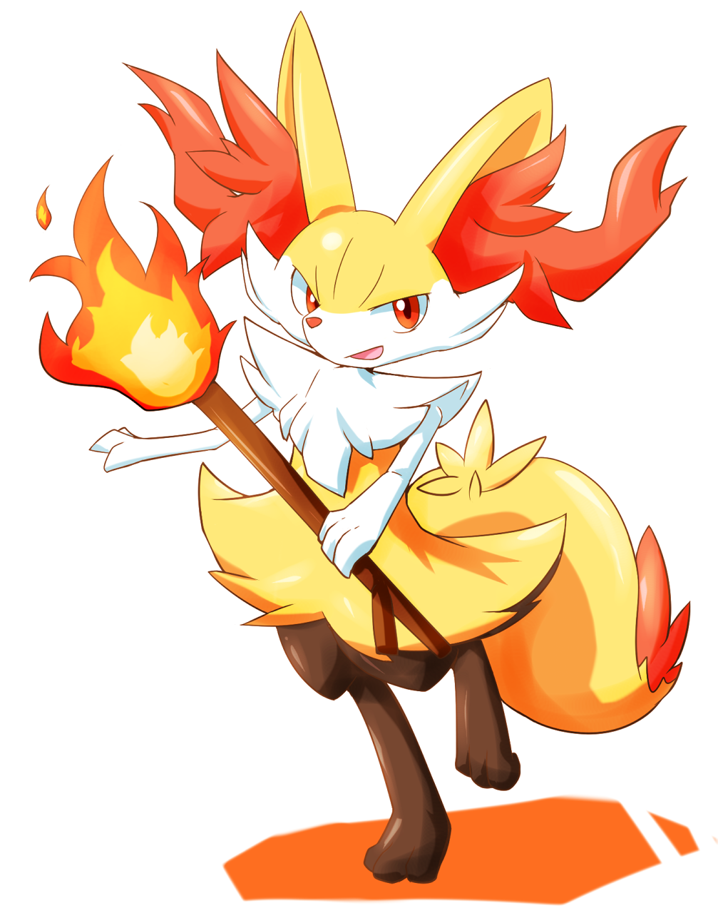 braixen creatures_(company) fire fox game_freak gen_6_pokemon gen_7_pokemon highres kinakomochi_(kazuna922) nintendo pokemon pokemon_(game) pokemon_xy red_eyes stick white_fur yellow_fur