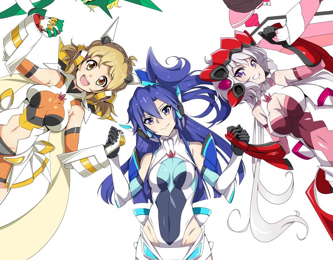 5girls :d armor blue_eyes blue_hair blue_leotard bodysuit bracer breasts brown_eyes cleavage closed_mouth commentary_request covered_navel crop_top elbow_gloves eyebrows_visible_through_hair female from_above gauntlets gloves grin groin hand_holding headgear kazanari_tsubasa kurihara_kenshirou large_breasts leotard light_brown_hair long_hair looking_at_viewer lying media medium_breasts multiple_girls navel on_back open_mouth orange_shorts overskirt purple_hair red_gloves red_leotard senki_zesshou_symphogear shirt short_hair short_shorts shorts simple_background sleeveless sleeveless_shirt small_breasts smile tachibana_hibiki_(symphogear) very_long_hair violet_eyes white_background white_gloves yukine_chris