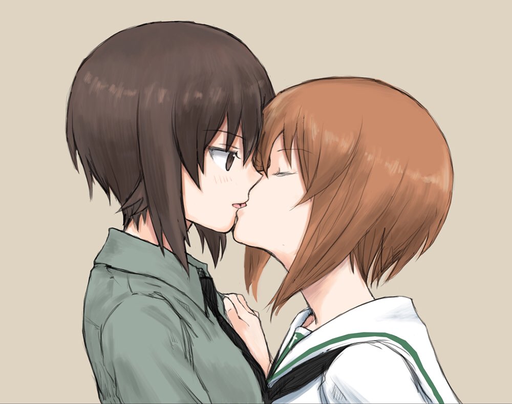 2girls brown_eyes brown_hair closed_eyes girls_und_panzer hand_on_another's_shoulder height_difference incest kiss looking_at_another multiple_girls mutsu_(layergreen) necktie nishizumi_maho nishizumi_miho sailor_collar school_uniform short_hair siblings sisters tan_background upper_body yuri