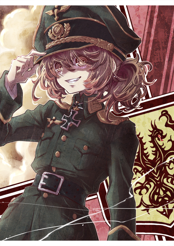 1girl blonde_hair evil_smile hat iron_cross looking_at_viewer military military_hat military_uniform smile solo tanya_degurechaff uniform user_nhxm3434 yellow_eyes youjo_senki