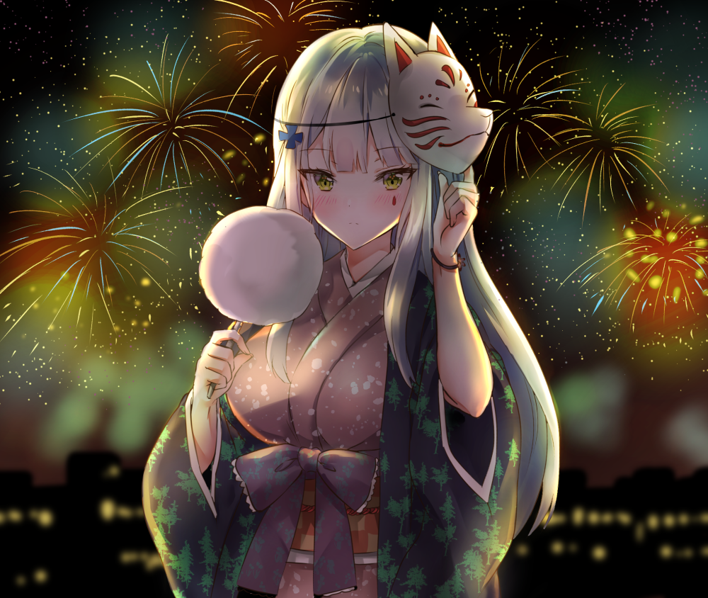 1girl aerial_fireworks arm_up bangs blurry blurry_background blush breasts brown_kimono building closed_mouth cotton_candy depth_of_field eyebrows_visible_through_hair facial_mark fingernails fireworks food fox_mask girls_frontline green_eyes hk416_(girls_frontline) holding holding_food japanese_clothes kimono long_hair long_sleeves looking_at_viewer mask mask_on_head medium_breasts melynx_(user_aot2846) night night_sky obi outdoors sash silver_hair sky solo very_long_hair wide_sleeves