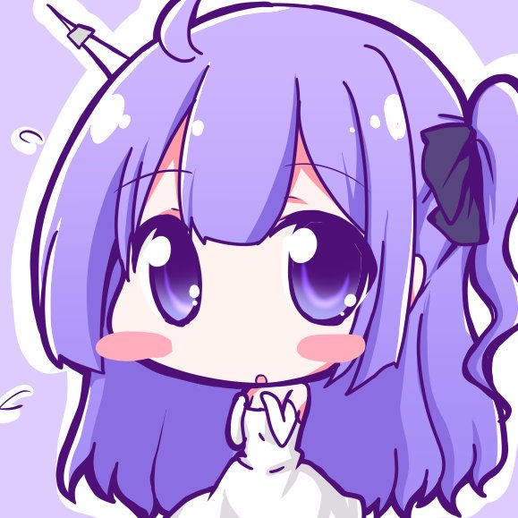 1girl :o ahoge azur_lane bangs bare_shoulders big_head black_ribbon blush_stickers chibi commentary_request dress elbow_gloves eyebrows_visible_through_hair geo_(yukishitadou) gloves hair_between_eyes hair_ribbon long_hair looking_at_viewer one_side_up outline parted_lips purple_background purple_hair ribbon solo strapless strapless_dress unicorn_(azur_lane) very_long_hair violet_eyes white_dress white_gloves white_outline