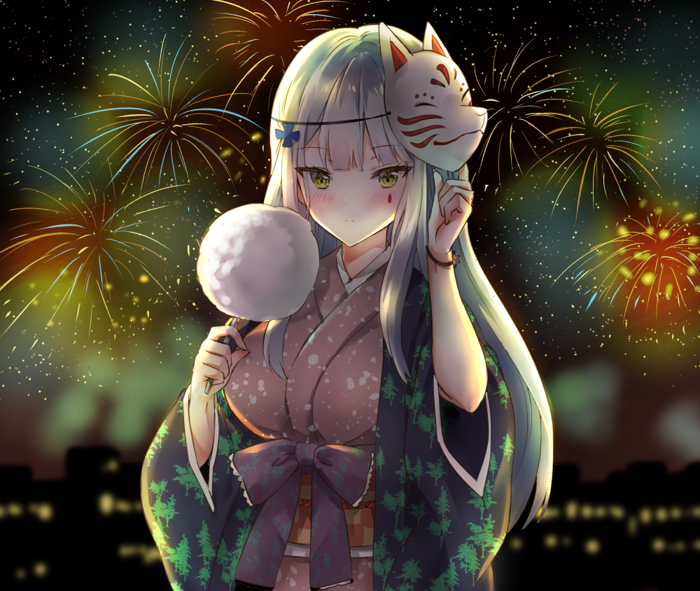 1girl aerial_fireworks arm_up bangs blurry blurry_background blush breasts brown_kimono building closed_mouth commentary cotton_candy depth_of_field eyebrows_visible_through_hair facial_mark fingernails fireworks food fox_mask girls_frontline green_eyes hk416_(girls_frontline) holding holding_food japanese_clothes kimono long_hair long_sleeves looking_at_viewer mask mask_on_head medium_breasts melynx_(user_aot2846) night night_sky obi outdoors revision sash silver_hair sky solo very_long_hair wide_sleeves