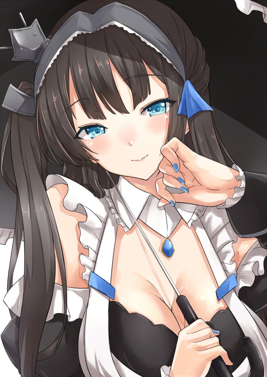 1girl apron asya azur_lane bangs black_background blue_eyes blue_nails blush breasts brown_hair cleavage closed_mouth closed_umbrella detached_collar detached_sleeves dress eyebrows_visible_through_hair frills hair_ornament hairband hand_up head_tilt highres jewelry juliet_sleeves long_hair long_sleeves looking_at_viewer maid medium_breasts nail_polish newcastle_(azur_lane) pendant puffy_sleeves ribbon sidelocks simple_background smile solo umbrella upper_body