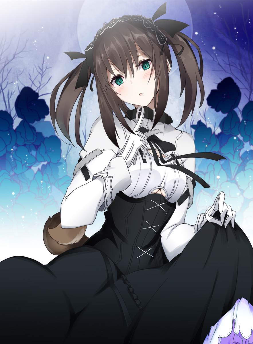 1girl belt black_bow black_dress blue_sky blush bow breasts brown_hair chestnut_mouth dress flower full_moon gloves green_eyes hair_bow hairband highres index_finger_raised looking_at_viewer medium_breasts meme_attire moon night night_sky original outdoors skirt_hold sky solo tail two_side_up vane virgin_killer_outfit virtual_youtuber white_gloves