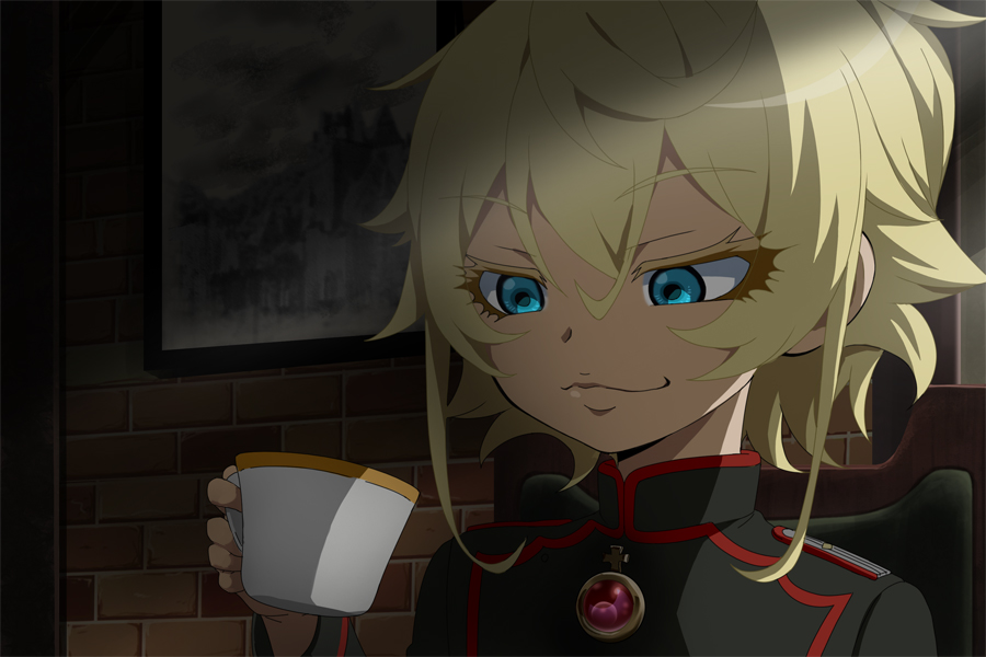 1girl blonde_hair blue_eyes cup eyebrows_visible_through_hair hair_between_eyes iron_cross military military_uniform nyifu smile solo tanya_degurechaff teacup uniform youjo_senki