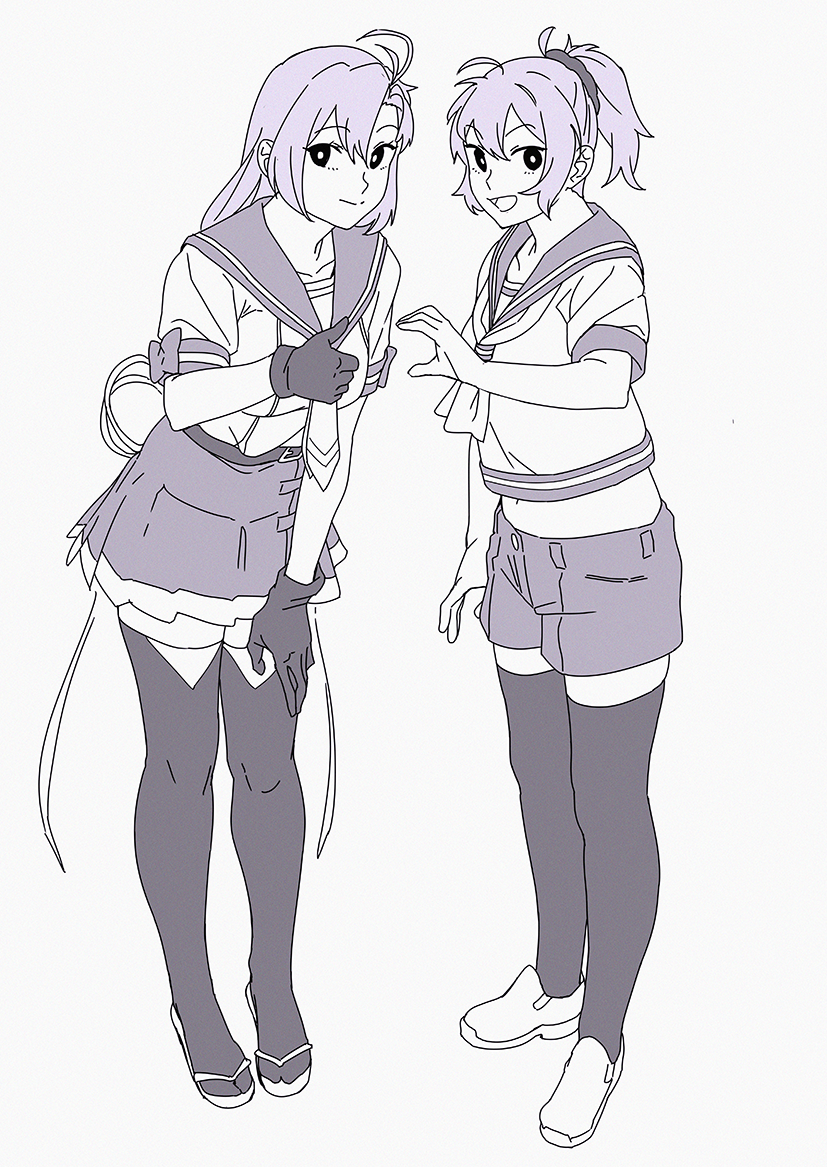 2girls antenna_hair aoba_(kantai_collection) full_body gloves hair_tie heart heart_hands heart_hands_duo kantai_collection kinugasa_(kantai_collection) messy_hair monochrome multiple_girls neckerchief necktie ojipon ponytail rejection remodel_(kantai_collection) school_uniform scrunchie serafuku shorts side_ponytail standing thigh-highs thumbs_up tsurime