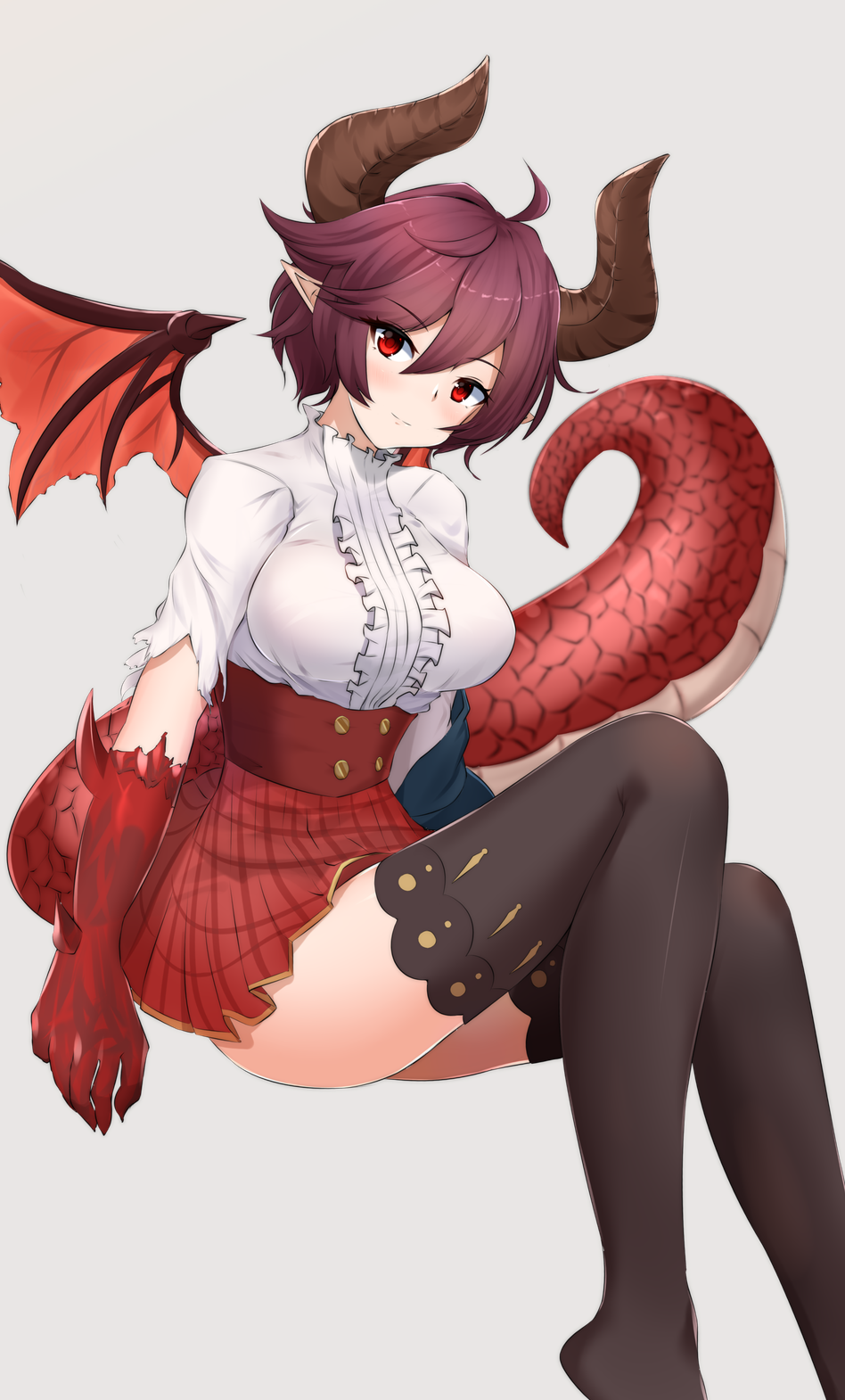 1girl ahoge asymmetrical_arms black_legwear blouse breasts commentary_request corset dragon_girl dragon_horns dragon_tail dragon_wings granblue_fantasy grea_(shingeki_no_bahamut) hair_between_eyes head_tilt highres horns jacket jacket_removed large_breasts light_blush light_smile looking_at_viewer plaid plaid_skirt pointy_ears purple_hair red_eyes short_hair skirt solo tail takitsubo thigh-highs torn_blouse torn_sleeve white_blouse wings