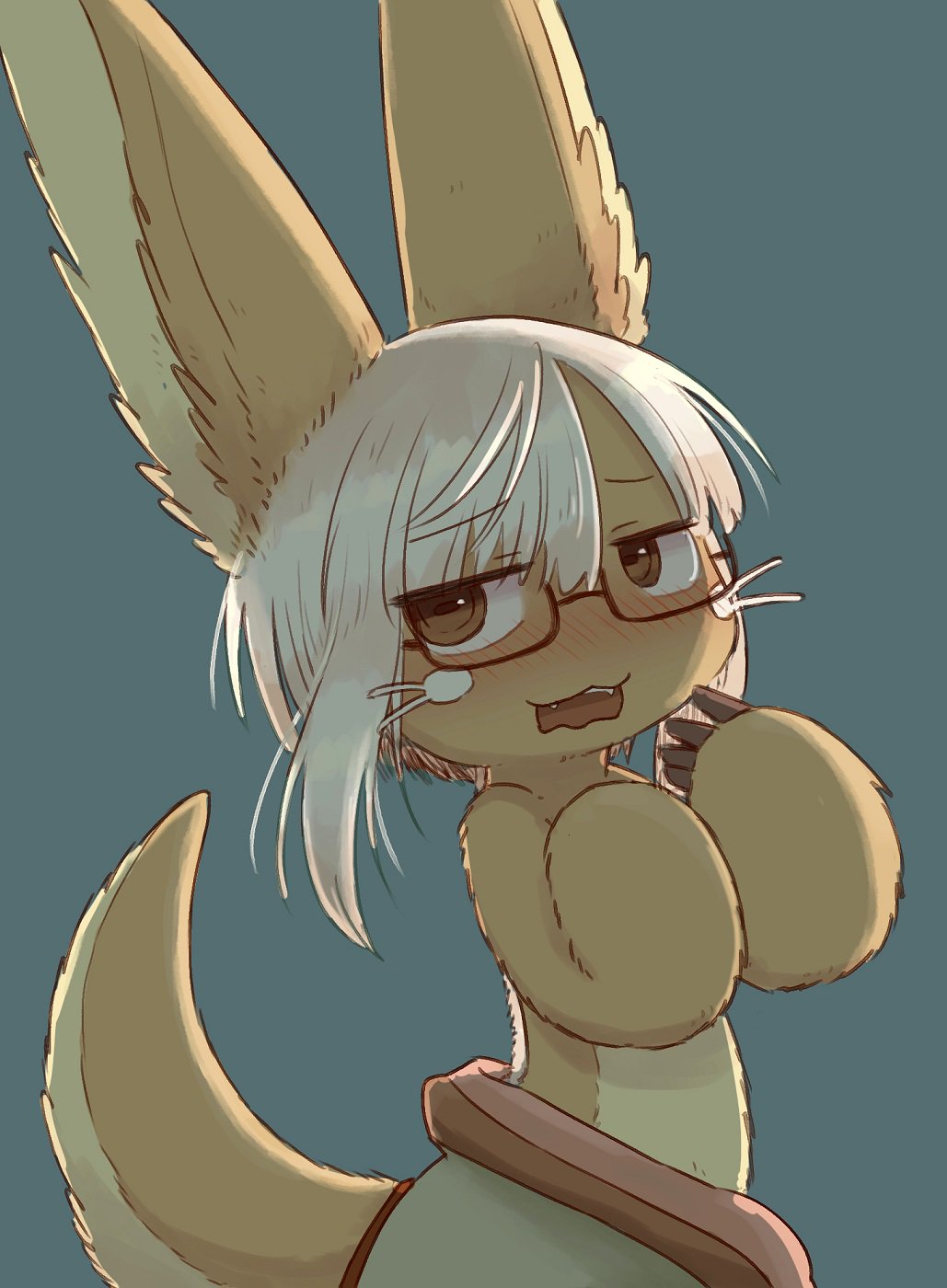 1other alternate_hair_length alternate_hairstyle ambiguous_gender animal_ears blue_background brown_eyes eyebrows_visible_through_hair furry glasses highres kawasemi27 looking_away made_in_abyss nanachi_(made_in_abyss) nervous parted_lips red-framed_eyewear semi-rimless_eyewear short_hair simple_background tail under-rim_eyewear upper_body white_hair