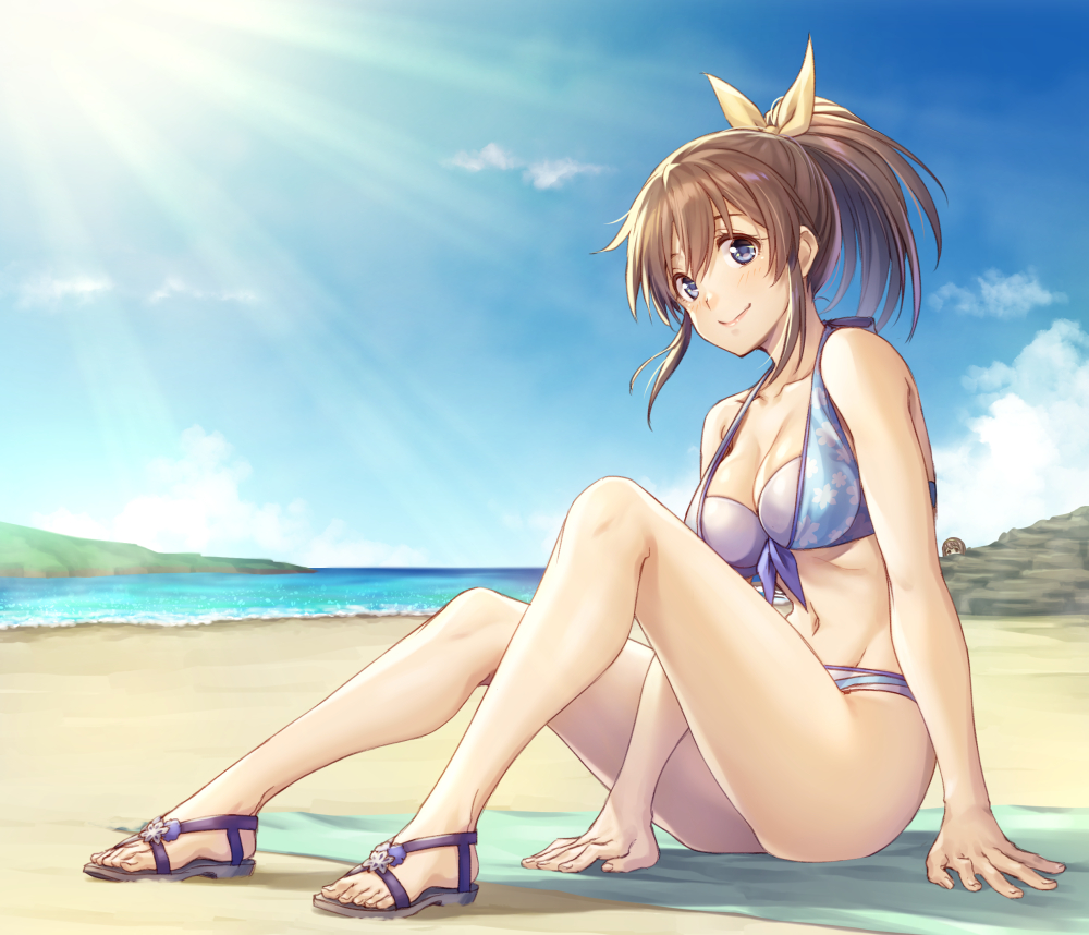 1girl beach blue_eyes blue_sky breasts brown_hair cleavage clouds full_body idolmaster idolmaster_million_live! layered_bikini long_hair medium_breasts nanaran ocean outdoors ponytail sandals satake_minako sitting sky solo sun swimsuit tanaka_kotoha