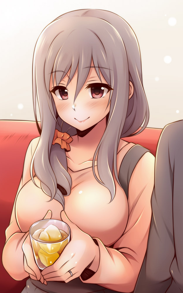 1boy 1girl blush breasts collarbone commentary_request couch cup grey_hair hair_ornament hair_over_shoulder hair_scrunchie holding holding_cup idolmaster idolmaster_cinderella_girls jewelry kanzaki_ranko large_breasts long_hair looking_at_viewer older ring scrunchie sitting smile solo_focus uraichishi violet_eyes wedding_band