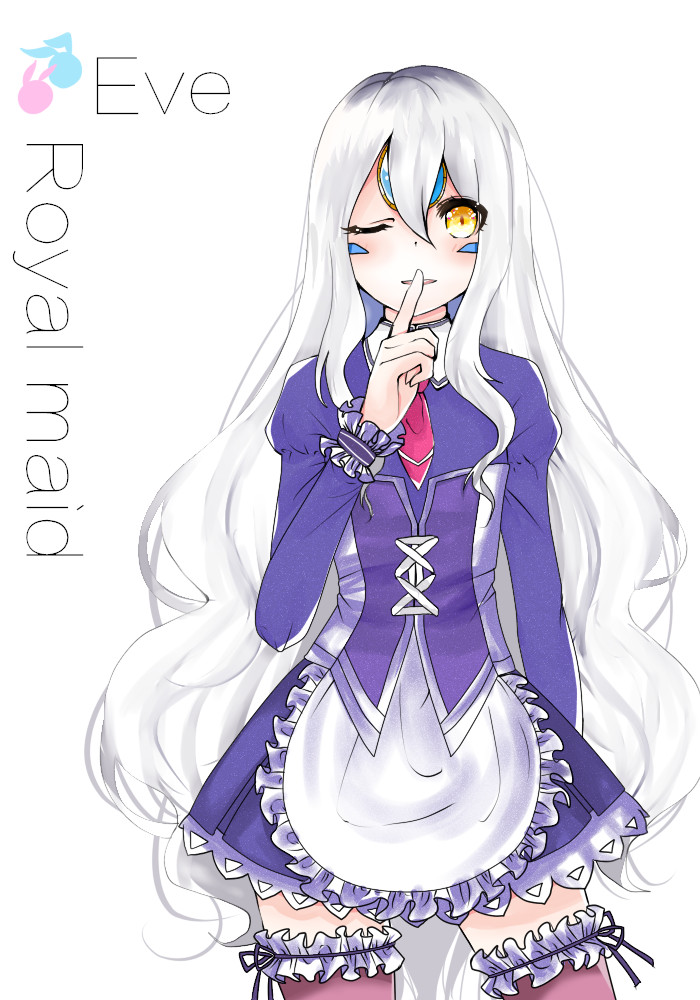 1girl 2200659903_rika apron elsword eve_(elsword) facial_mark finger_to_mouth forehead_jewel long_hair long_sleeves maid maid_apron one_eye_closed open_mouth silver_hair smile white_background