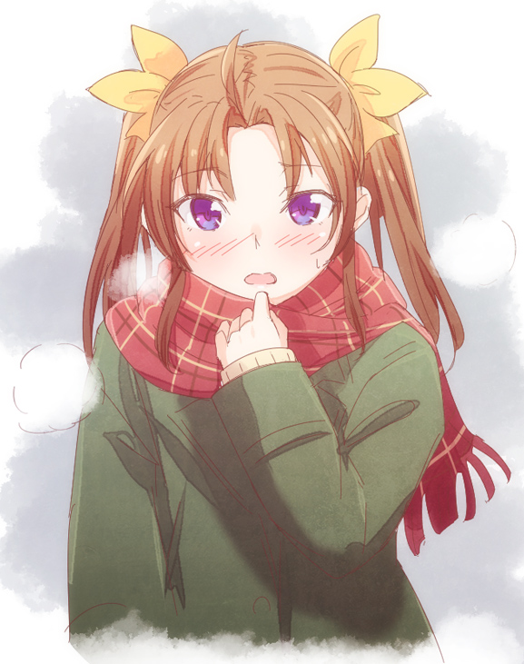 1girl bangs blush brown_hair e20 eyebrows_visible_through_hair forehead fringe green_jacket hair_ribbon hand_up jacket kagerou_(kantai_collection) kantai_collection long_hair long_sleeves looking_at_viewer nose_blush open_mouth parted_bangs plaid plaid_scarf red_scarf ribbon scarf sleeves_past_wrists solo twintails upper_body violet_eyes yellow_ribbon