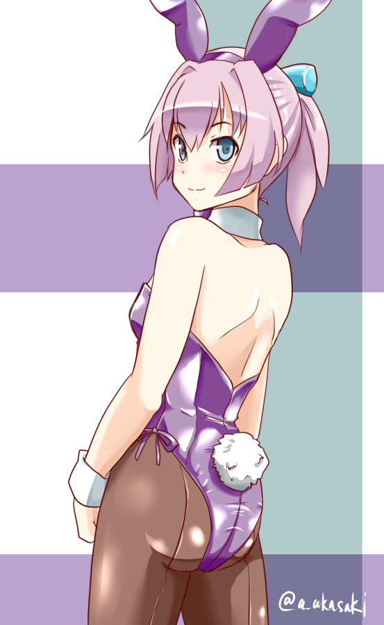 1girl akai_akasaki alternate_costume animal_ears ass back bare_shoulders blue_eyes blush bow bowtie breasts bunny_girl bunny_tail bunnysuit detached_collar eyebrows_visible_through_hair fake_animal_ears hair_between_eyes kantai_collection leotard looking_at_viewer looking_back pantyhose pink_hair ponytail purple_leotard rabbit_ears shiranui_(kantai_collection) short_ponytail small_breasts smile solo strapless strapless_leotard tail twitter_username wrist_cuffs