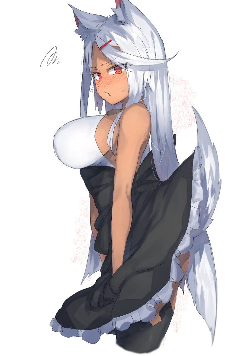 1girl animal_ear_fluff animal_ears ass bare_arms bare_shoulders black_legwear black_skirt blush breasts commentary_request cowboy_shot cropped_legs dark_skin eyebrows_visible_through_hair forehead hair_ornament hairclip highres kasuka_(kusuki) large_breasts looking_at_viewer nose_blush original parted_lips petticoat red_eyes shirt silver_hair simple_background skirt sleeveless sleeveless_shirt solo standing sweat tail thigh-highs thighs white_background white_shirt wolf_ears wolf_tail