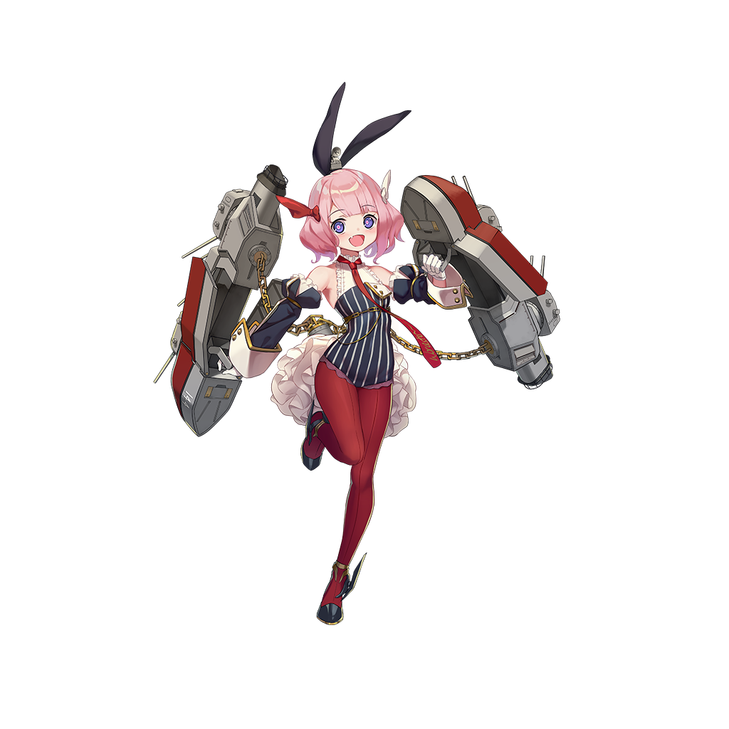 1girl armpits bunny_hair_ornament detached_sleeves fang flat_chest full_body gloves hair_ornament hair_ribbon looking_at_viewer necktie official_art open_mouth pantyhose pink_hair ribbon short_hair solo transparent_background violet_eyes weapon worcester_(zhan_jian_shao_nyu) zhan_jian_shao_nyu