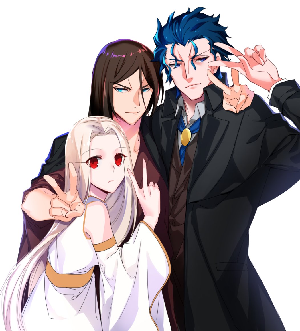 1girl 2boys black_hair black_jacket blue_eyes blue_hair closed_mouth commentary_request double_v dress eyebrows_visible_through_hair fate/grand_order fate/stay_night fate_(series) homunculus jacket japanese_clothes justeaze_lizrich_von_einzbern long_hair looking_at_viewer matou_zouken multiple_boys red_eyes simple_background toosaka_nagato v white_background white_dress white_hair ycco_(estrella)