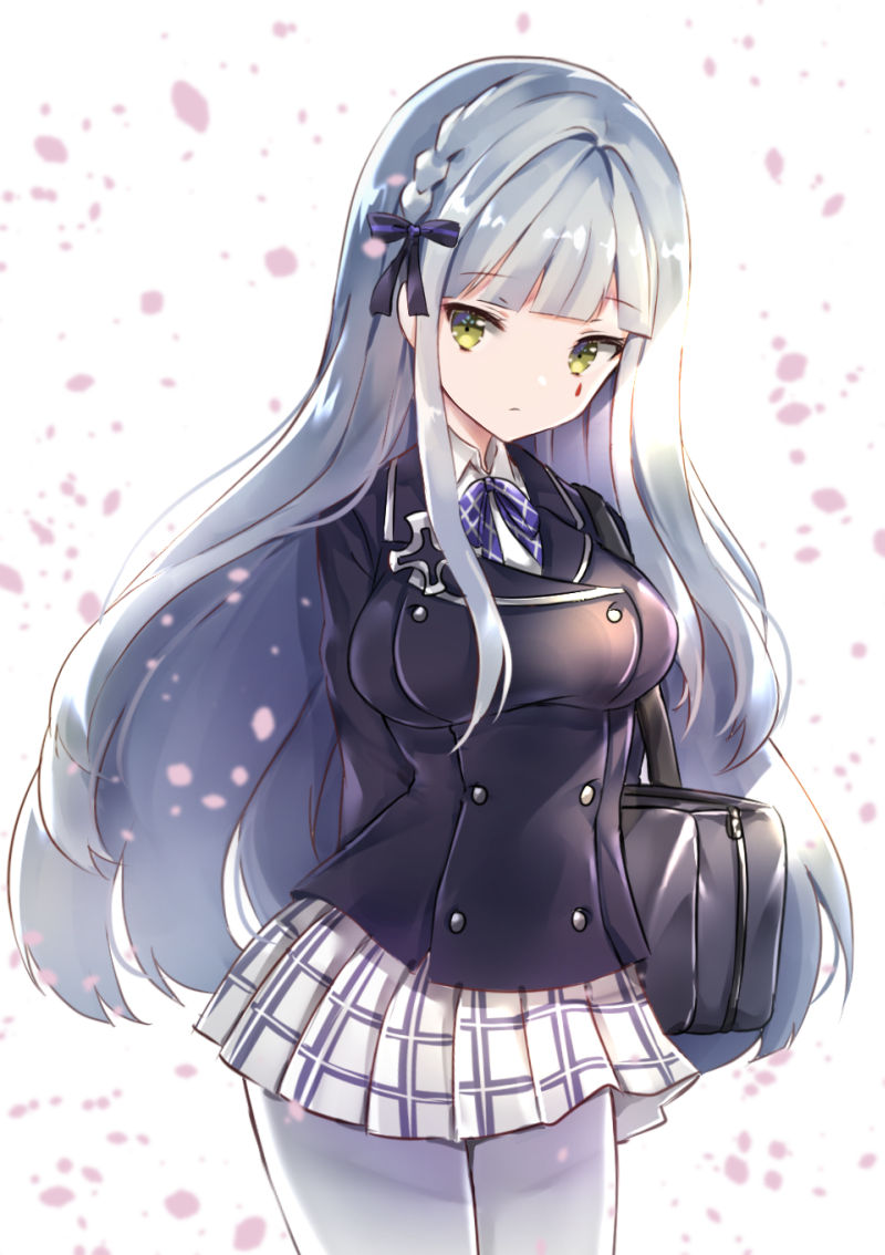 1girl arms_behind_back bag bangs black_bow black_jacket blazer blunt_bangs blush bow braid breasts closed_mouth collared_shirt double-breasted eyebrows_visible_through_hair facial_mark girls_frontline green_eyes hair_bow head_tilt hk416_(girls_frontline) jacket long_hair looking_at_viewer medium_breasts melynx_(user_aot2846) pantyhose plaid plaid_skirt pleated_skirt purple_bow revision school_bag school_uniform shirt skirt solo striped striped_bow very_long_hair white_background white_legwear white_shirt white_skirt