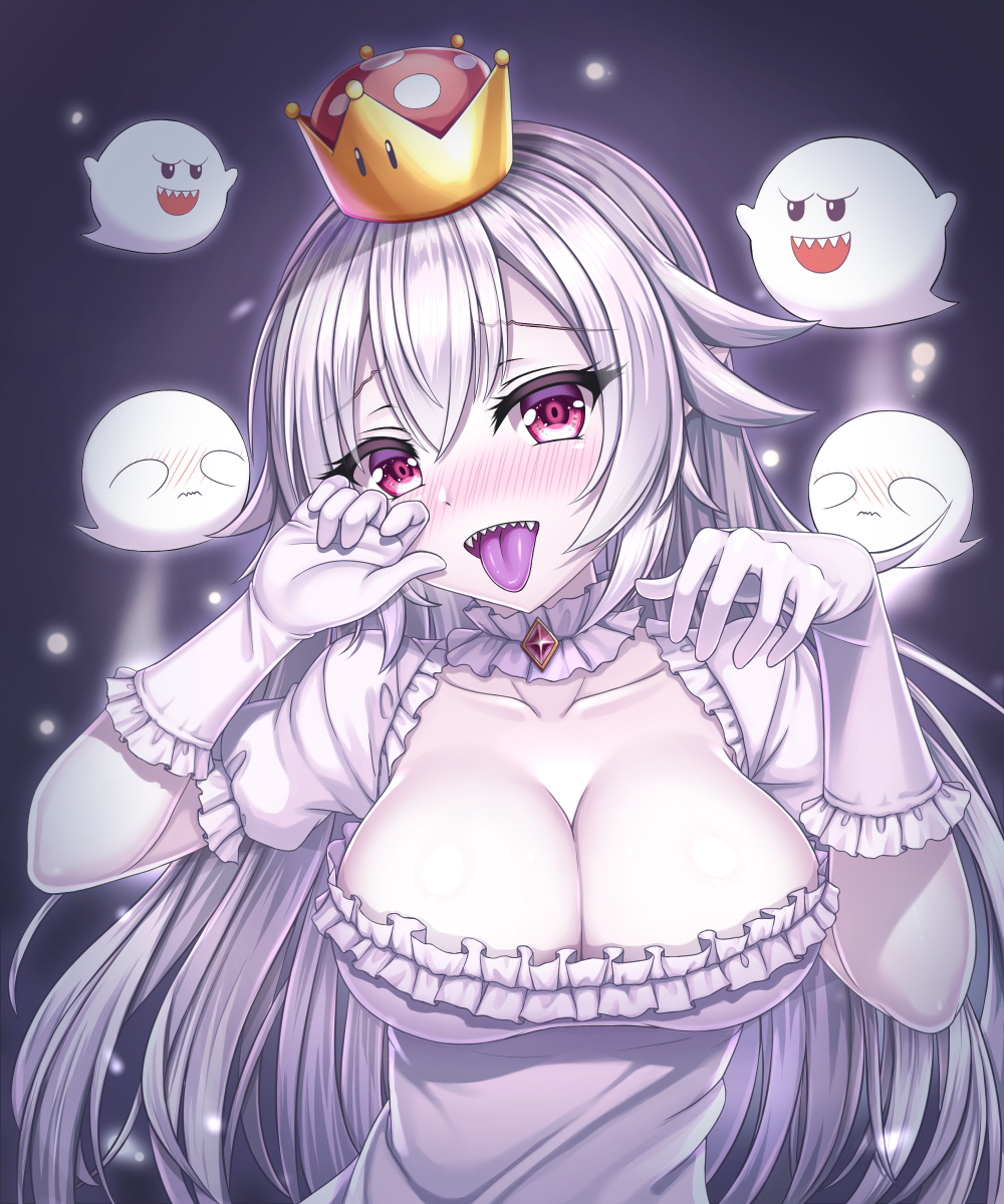 1girl :d arms_up bangs black_eyes blush boo breasts cleavage collarbone commentary_request covering crown dress elbow_gloves eyebrows_visible_through_hair floating frilled_dress frilled_gloves frilled_sleeves frills frown gem ghost gloves glowing head_tilt highres large_breasts long_hair looking_at_viewer luigi's_mansion super_mario_bros. neck_garter new_super_mario_bros._u_deluxe nintendo nose_blush open_mouth princess_king_boo purple_background purple_tongue shared_umbrella shiny shiny_hair short_sleeves smile straight_hair super_crown tongue tongue_out tooru_(pixiv12953962) umbrella upper_body upper_teeth very_long_hair violet_eyes wavy_mouth white_dress white_gloves white_hair white_skin