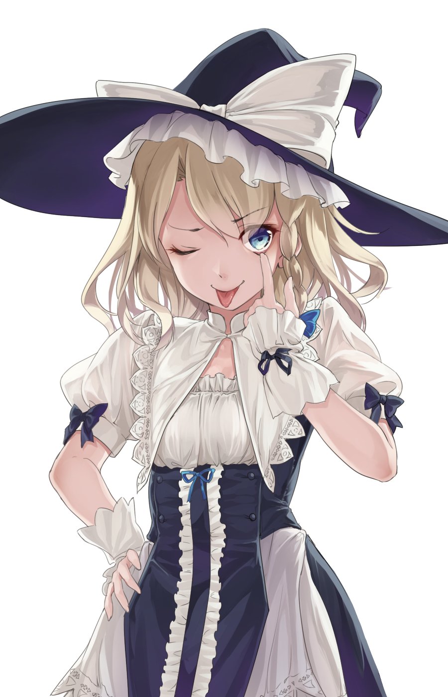 &gt;:) 1girl :p ;) akanbe bangs black_bow black_hat black_ribbon blonde_hair blue_bow blue_eyes blue_ribbon bow braid center_frills commentary_request cowboy_shot dress eyebrows_visible_through_hair frills hair_between_eyes hair_bow hand_on_hip hand_up hat hat_bow highres index_finger_raised kirisame_marisa looking_at_viewer one_eye_closed puffy_short_sleeves puffy_sleeves ribbon short_sleeves simple_background single_braid smile solo standing tongue tongue_out touhou usotsuki_penta v-shaped_eyebrows white_background white_bow white_dress witch_hat wrist_cuffs