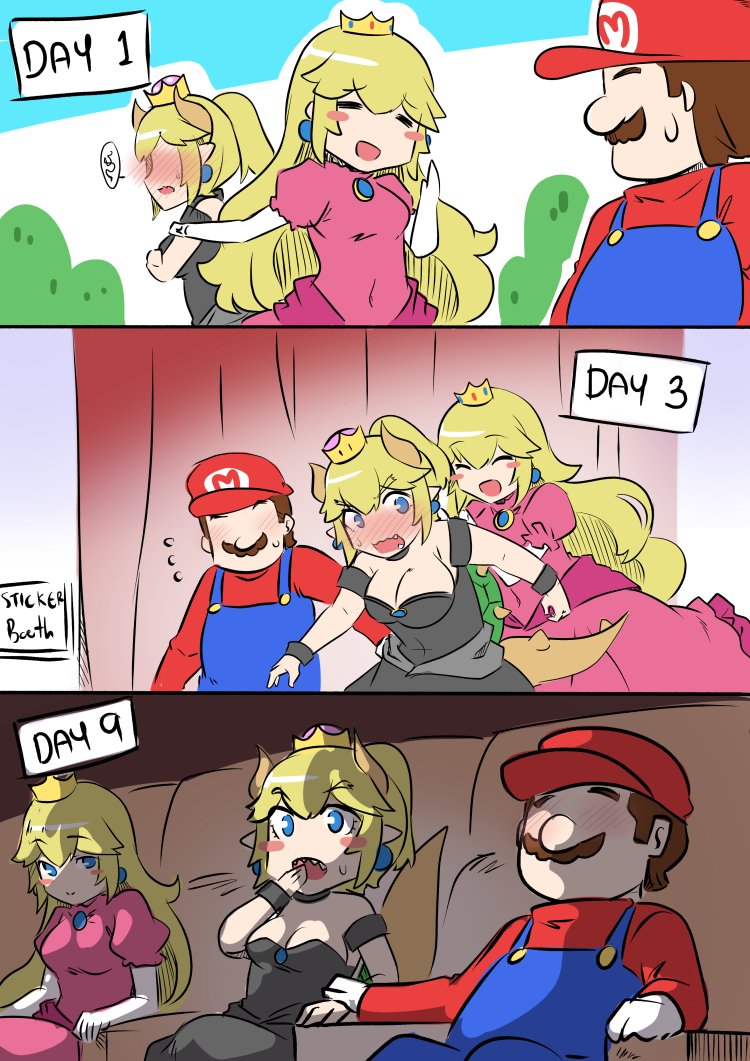 1boy 2girls bare_shoulders black_dress blonde_hair blue_earrings blue_eyes blush blush_stickers bowsette cabbie_hat comic dress engrish faceless hand_on_another's_hand hat horns long_hair super_mario_bros. movie_theater multiple_girls nervous new_super_mario_bros._u_deluxe nintendo nose_blush outdoors overalls photo_booth pink_dress ponytail princess_peach ranguage red_shirt sesield shirt short_hair strapless strapless_dress super_crown