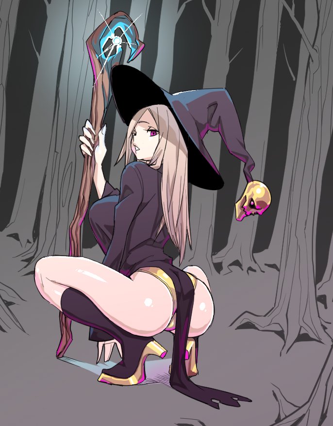 1girl ass blonde_hair commentary_request forest from_behind glowing hat high_heels long_hair looking_at_viewer looking_back nature original panties skull_hat_ornament solo squatting staff tree underwear velzhe violet_eyes witch_hat yellow_panties