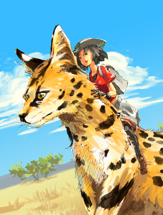 1girl alternate_height animal backpack bag black_eyes black_gloves black_hair blue_sky brown_footwear clouds cloudy_sky commentary_request day gloves hat hat_feather hatching_(texture) helmet horizon kaban_(kemono_friends) kemono_friends outdoors oversized_animal pith_helmet riding savannah serval short_hair short_sleeves size_difference sketch sky tree white_bag