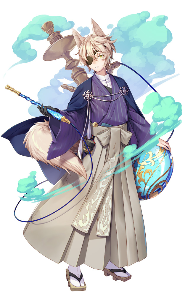 1boy animal_ears blonde_hair blush bow commentary_request eyepatch fox_boy fox_ears fox_tail full_body geta gloves gourd grey_bow grey_hakama hakama head_tilt hearts_recollection japanese_clothes kimono long_sleeves male_focus ne-on one_eye_covered parted_lips purple_kimono simple_background single_glove smile smoke socks solo standing striped tabi tachi-e tail tengu-geta vertical-striped_kimono vertical_stripes white_background white_legwear wide_sleeves yellow_eyes