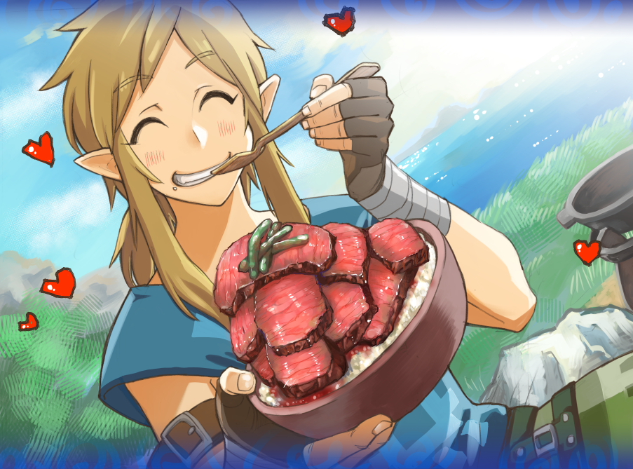 1boy ^_^ arm_strap blonde_hair bowl brown_gloves closed_eyes closed_eyes day eating fingerless_gloves food gloves happy heart link low_ponytail meat medium_hair nintendo oka_kana outdoors pointy_ears sidelocks solo spoon the_legend_of_zelda the_legend_of_zelda:_breath_of_the_wild tunic