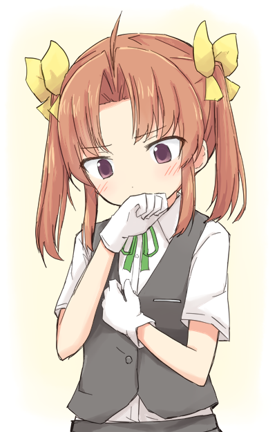 1girl ahoge blush bow brown_hair buttons collared_shirt covering_mouth dress_shirt eyebrows_visible_through_hair eyes_visible_through_hair gloves green_neckwear green_ribbon grey_skirt grey_vest hair_bow hand_over_own_mouth hand_up kagerou_(kantai_collection) kakizaki_(chou_neji) kantai_collection looking_down neck_ribbon pink_background ribbon school_uniform shirt short_sleeves sidelocks simple_background skirt solo twintails upper_body vest violet_eyes white_gloves white_shirt wing_collar yellow_bow