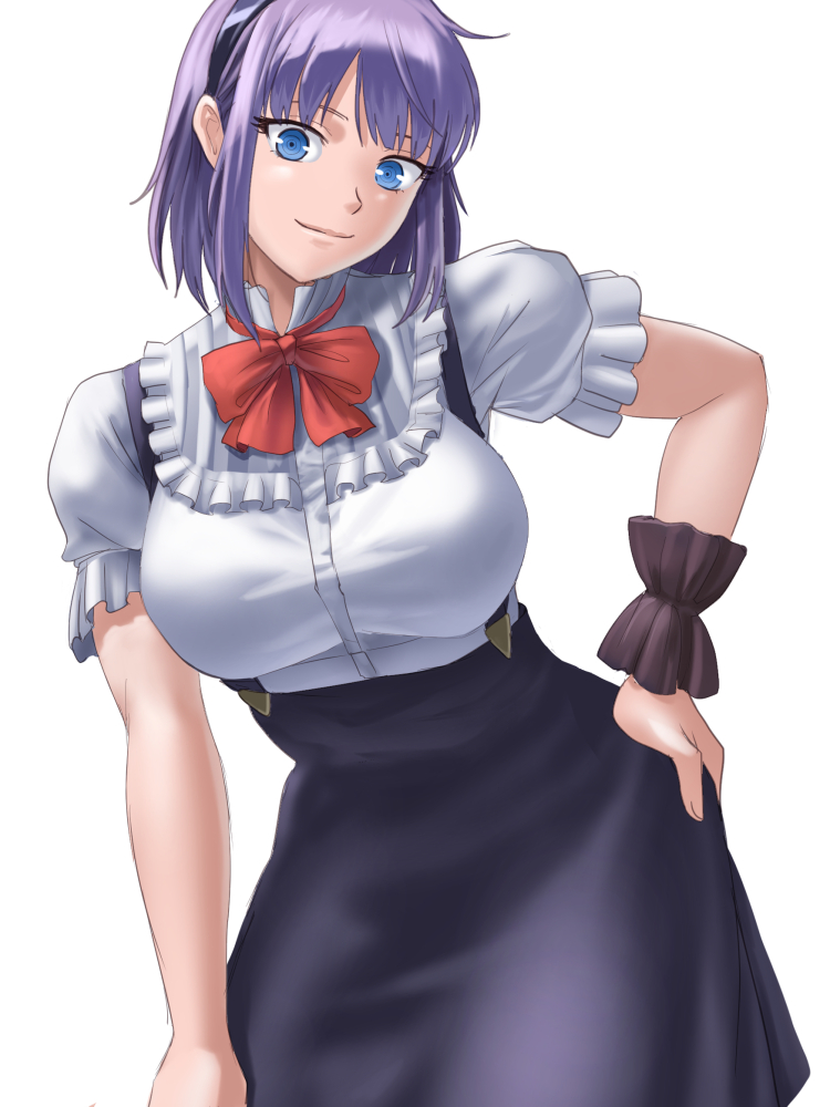 1girl black_hairband blue_eyes bow breasts closed_mouth dagashi_kashi frills hairband hand_on_hip high-waist_skirt ho_den_keiji large_breasts looking_at_viewer purple_hair ribbon ringed_eyes shidare_hotaru short_hair skirt smile standing suspender_skirt suspenders