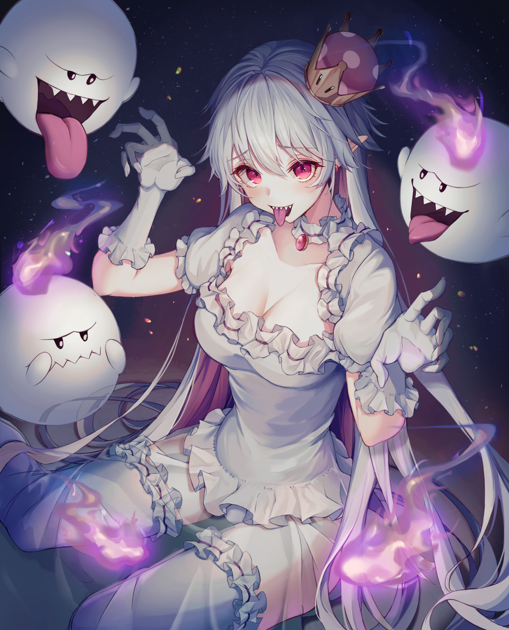 1girl bangs boo breasts choker cleavage crown dress earrings embers eyebrows_visible_through_hair fire frilled_choker frilled_dress frilled_gloves frilled_sleeves frills gem ghost_pose gloves hair_between_eyes highres hitodama jewelry large_breasts long_hair long_tongue looking_at_viewer luigi's_mansion super_mario_bros. mini_crown minyumim new_super_mario_bros._u_deluxe nintendo open_mouth pale_skin pointy_ears princess_king_boo purple_tongue red_eyes ribbon-trimmed_dress ribbon-trimmed_legwear ribbon-trimmed_sleeves ribbon_trim see-through sharp_teeth super_crown teeth thigh-highs tilted_headwear tongue tongue_out very_long_hair white_dress white_gloves white_hair white_legwear