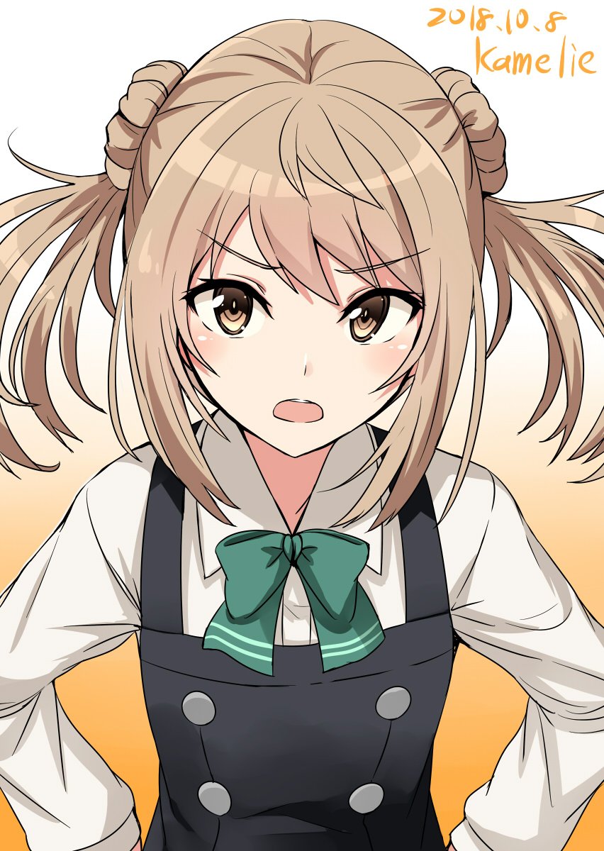 1girl blush bow bowtie brown_eyes brown_hair double_bun eyebrows_visible_through_hair gradient gradient_background hair_between_eyes highres kamelie kantai_collection long_hair long_sleeves looking_at_viewer michishio_(kantai_collection) open_mouth school_uniform shirt solo twitter_username white_shirt