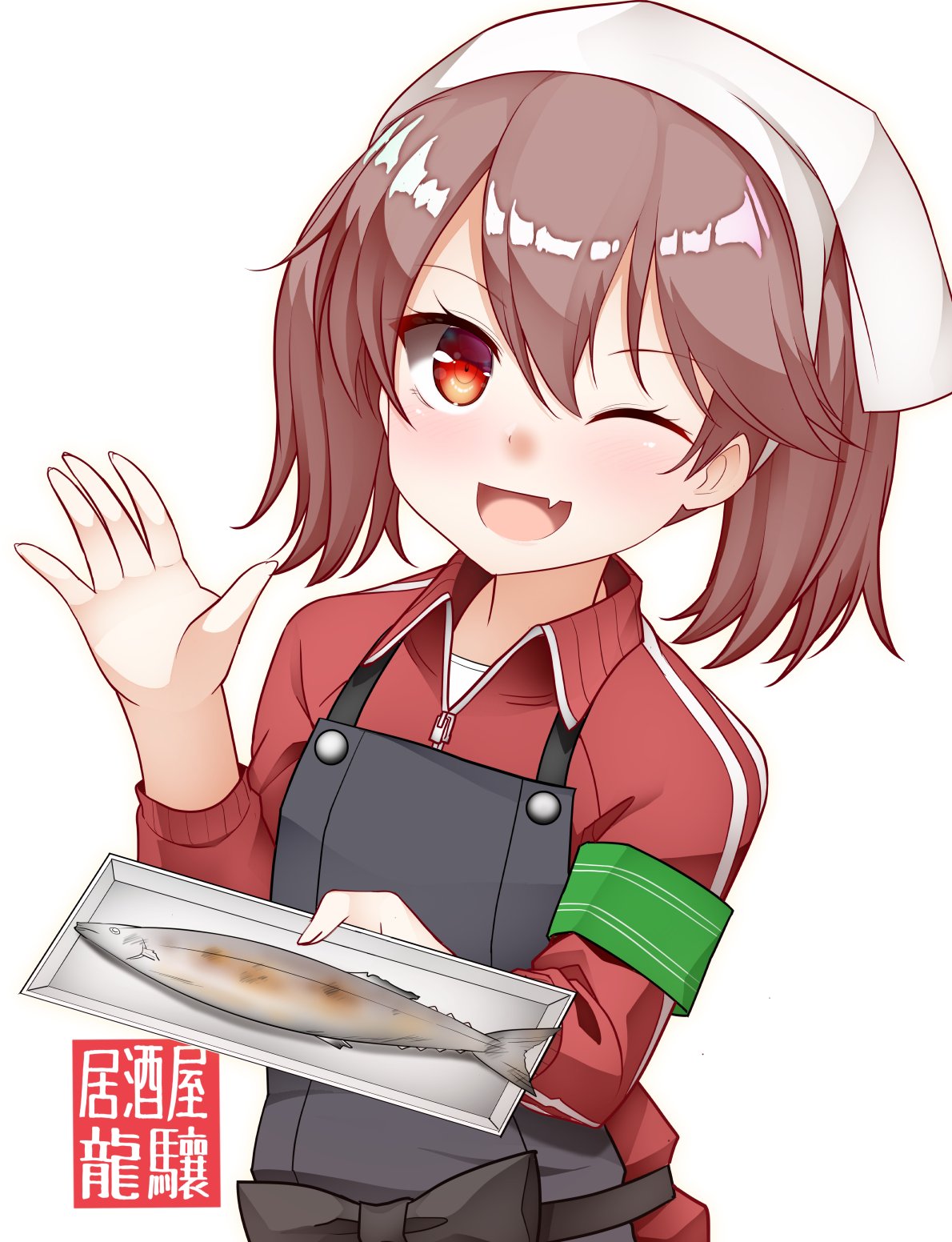 1girl bandanna black_apron brown_hair commentary_request cowboy_shot fang highres jacket kantai_collection kirigakure_(kirigakure_tantei_jimusho) long_hair looking_at_viewer one_eye_closed open_mouth red_eyes red_jacket ryuujou_(kantai_collection) simple_background smile solo track_jacket tray twintails waving white_background