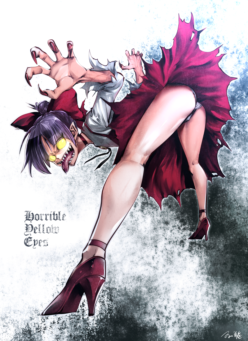 1girl artist_name bangs bent_over blank_eyes bow brooch cat_girl choker claw_pose commentary dress english evil_smile fingernails from_behind full_body gegege_no_kitarou gem gluteal_fold hair_bow hair_bun high_heels horror_(theme) jewelry legs long_sleeves looking_at_viewer looking_back nail_polish nekomusume nekomusume_(gegege_no_kitarou_6) open_mouth panties pinafore_dress pointy_ears purple_hair red_bow red_choker red_dress red_footwear red_nails sharp_fingernails sharp_teeth shirt short_dress short_hair signature smile solo souryu standing teeth tongue tongue_out torn_clothes underwear white_panties white_shirt wind wind_lift yellow_eyes