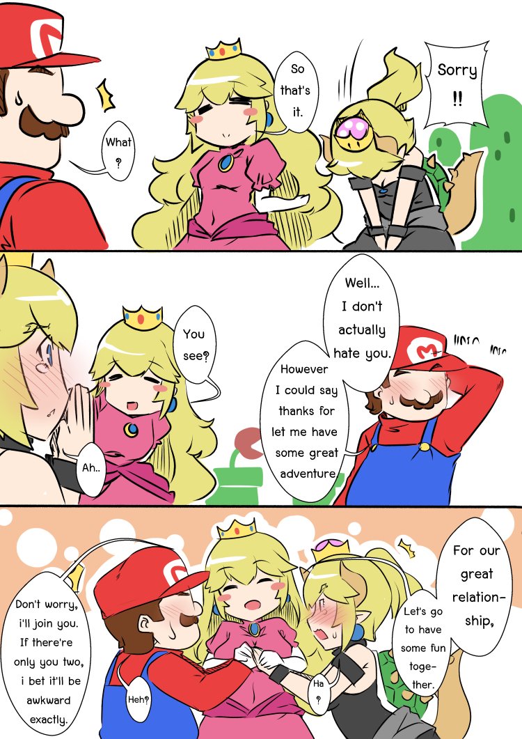 1boy 2girls bare_shoulders black_dress blonde_hair blue_earrings blue_eyes blush_stickers bowsette cabbie_hat comic dress engrish faceless hat horns long_hair super_mario_bros. multiple_girls new_super_mario_bros._u_deluxe nintendo overalls pink_dress ponytail princess_peach ranguage red_shirt sesield shirt short_hair strapless strapless_dress super_crown surprised