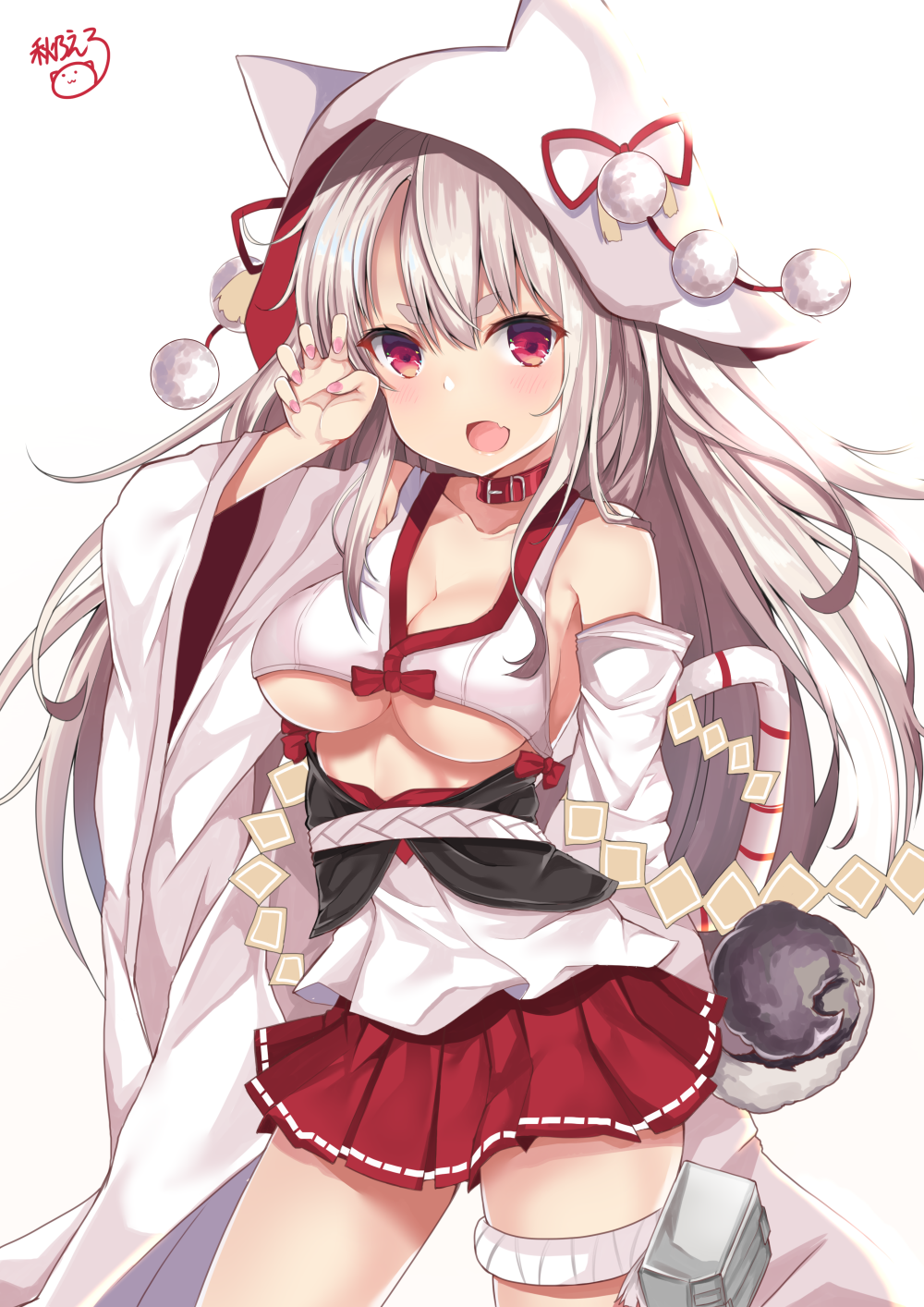 1girl :d animal_ears animal_hood arm_up azur_lane bangs bare_shoulders blush breasts claw_pose cleavage collarbone commentary_request cowboy_shot detached_sleeves eyebrows_visible_through_hair fang fingernails hair_between_eyes highres hood long_hair long_sleeves medium_breasts nail_polish noeru_(gt17854) open_mouth pink_nails pleated_skirt red_collar red_eyes red_skirt silver_hair simple_background skirt smile solo standing tail thick_eyebrows under_boob very_long_hair white_background wide_sleeves wolf_ears wolf_girl wolf_hood wolf_tail yuudachi_(azur_lane)