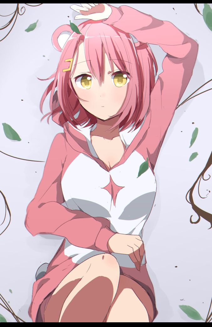 1girl animal_ears arm_up bang_dream! bangs bear_ears bear_tail commentary_request expressionless eyebrows_visible_through_hair hair_ornament hairclip harusawa hood hood_down humanization leaf long_sleeves looking_at_viewer lying michelle_(bang_dream!) on_back pink_hair pink_hoodie short_hair solo tail yellow_eyes