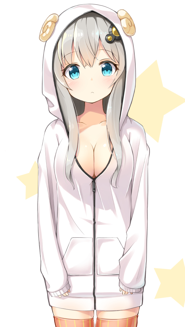 1girl :&lt; aqua_eyes bangs blush breasts cleavage cloak closed_mouth collarbone commentary_request cowboy_shot eyebrows_visible_through_hair grey_hair hair_ornament hood hooded_cloak hooded_jacket jacket kizuna_akari large_breasts long_hair long_sleeves looking_at_viewer no_bra ominaeshi_(takenoko) orange_legwear pocket shiny shiny_hair sleeves_past_wrists solo star starry_background striped striped_legwear thigh-highs vertical-striped_legwear vertical_stripes voiceroid white_background zipper zipper_pull_tab