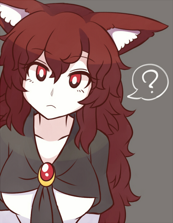 1girl ? animal_ear_fluff animal_ears bangs breasts brooch brown_hair collarbone dress eyebrows_visible_through_hair eyelashes grey_background hair_between_eyes head_tilt imaizumi_kagerou jewelry large_breasts long_hair looking_at_viewer red_eyes simple_background solo spoken_question_mark touhou upper_body white_dress wolf_ears wool_(miwol)