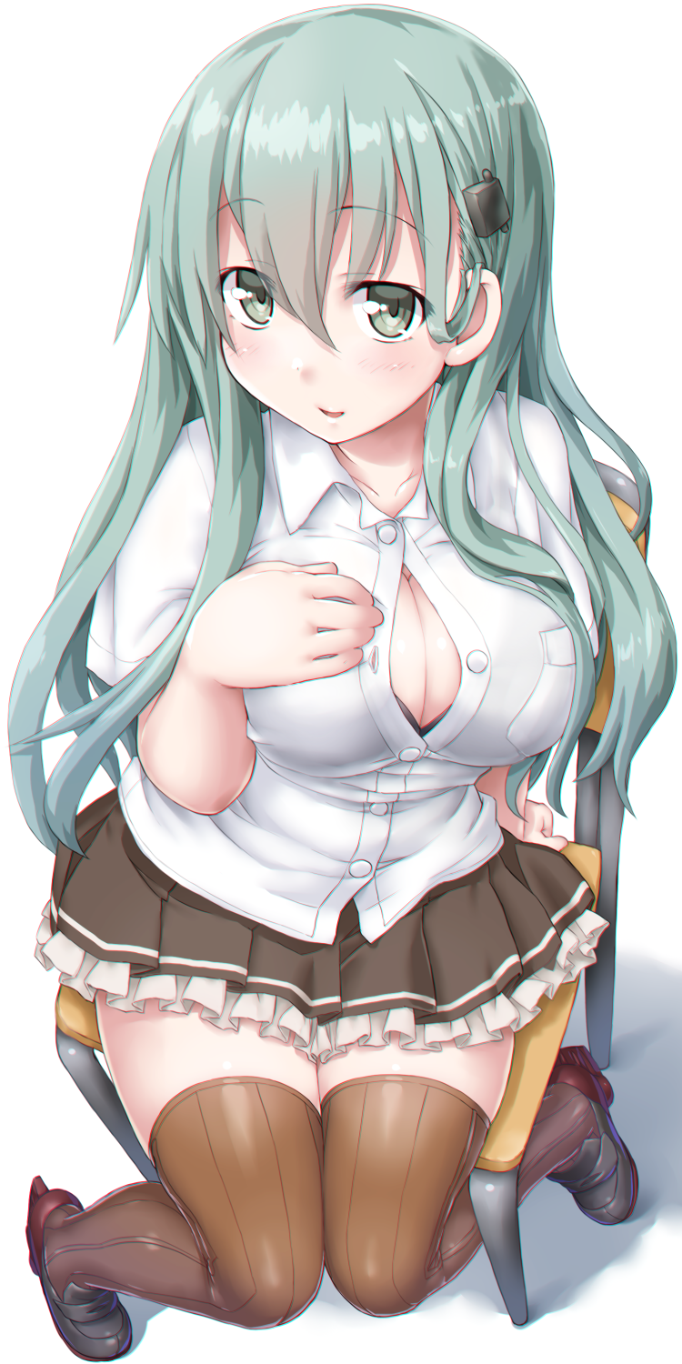 1girl bangs blush breasts brown_legwear brown_skirt chair cleavage collarbone dd_(ijigendd) eyebrows_visible_through_hair green_eyes green_hair hair_between_eyes hair_ornament hairclip highres kantai_collection large_breasts loafers long_hair looking_at_viewer open_mouth pleated_skirt school_uniform shirt shoes short_sleeves simple_background sitting skirt smile solo suzuya_(kantai_collection) thigh-highs white_background white_shirt zettai_ryouiki