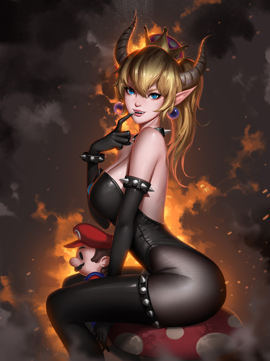 1girl bare_shoulders black_gloves black_leotard blonde_hair boots bowsette bracelet breasts character_doll collar commentary earrings elbow_gloves english_commentary fangs fingernails gloves highres horns jewelry large_breasts leotard liang_xing lips long_hair looking_at_viewer mario super_mario_bros. new_super_mario_bros._u_deluxe nintendo pantyhose parted_lips ponytail profile sharp_fingernails sitting solo spiked_armlet spiked_bracelet spiked_collar spikes strapless strapless_leotard super_crown thigh-highs thigh_boots