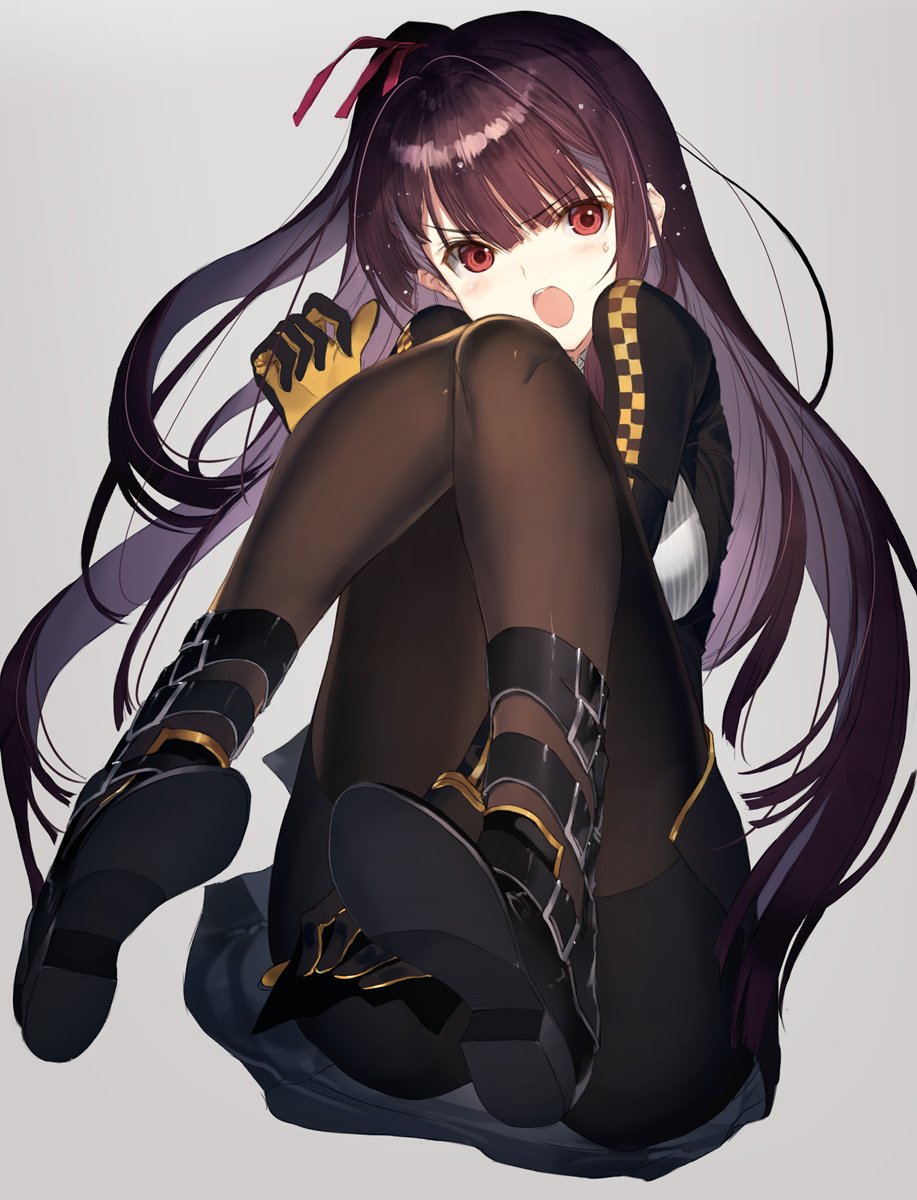 1girl bike_shorts black_footwear black_gloves black_legwear black_skirt blazer collared_shirt girls_frontline gloves highres jacket long_hair looking_at_viewer nakamura_takeshi open_mouth pantyhose personification purple_hair red_eyes red_ribbon ribbon shirt shoes shorts shorts_under_skirt skirt solo tsurime wa2000_(girls_frontline)