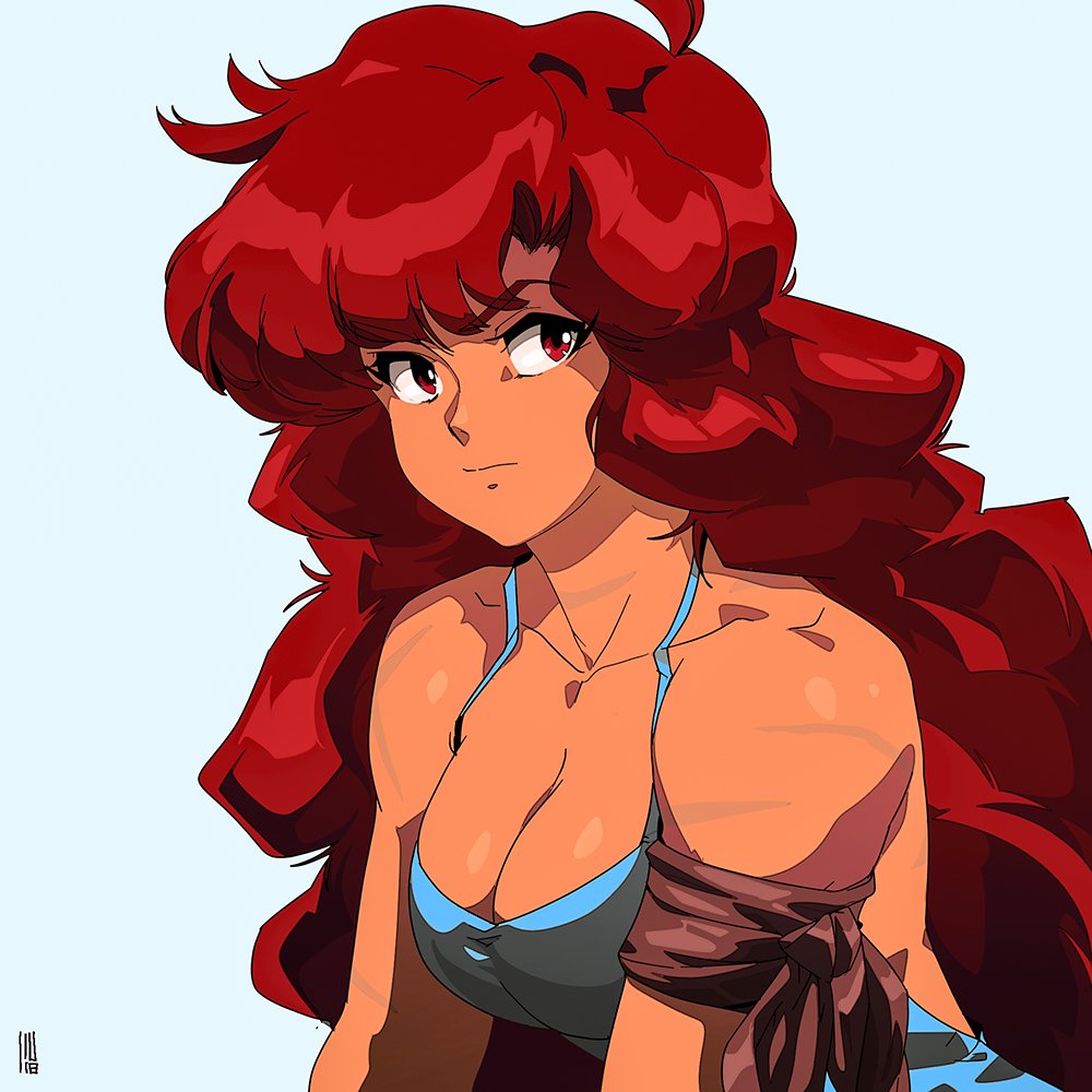 1girl 90s armband bangs big_hair breasts camisole cleavage commentary dark_skin david_liu english_commentary hair_down large_breasts long_hair maria_(space_maria) red_eyes redhead scar solo space_maria spaghetti_strap white_background