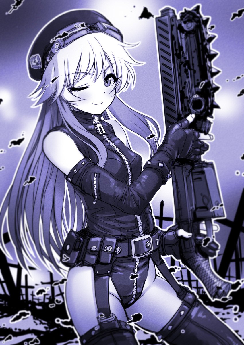 1girl ;) armlet backlighting bangs bare_shoulders belt belt_pouch blush bracelet breasts closed_mouth commentary_request cowboy_shot cross elbow_gloves eyebrows_visible_through_hair garter_straps gloves goggles goggles_on_headwear groin gun hat highleg highleg_leotard highres holding holding_gun holding_weapon idolmaster idolmaster_cinderella_girls jewelry leotard long_hair looking_at_viewer monochrome ninomiya_asuka one_eye_closed partly_fingerless_gloves pouch purple sakaki_imasato sidelocks small_breasts smile solo straight_hair studded_armlet studded_bracelet thigh-highs very_long_hair weapon zipper zipper_pull_tab