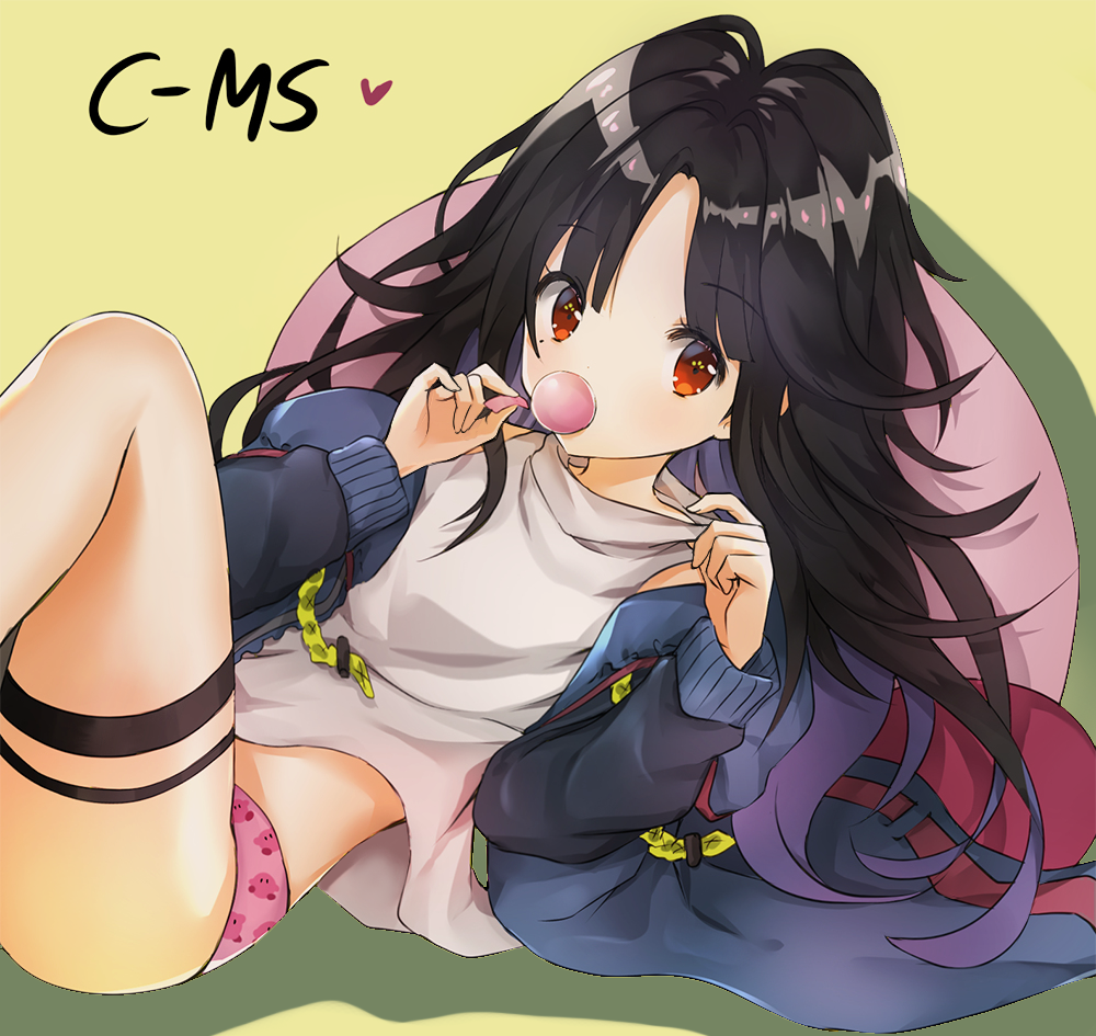 1girl bangs black_hair blue_jacket blush c-ms_(girls_frontline) character_name commentary covered_mouth eyebrows_visible_through_hair fingernails girls_frontline green_background hands_up heart jacket kirby kirby_(series) long_hair long_sleeves looking_at_viewer lying melynx_(user_aot2846) multicolored_hair nintendo on_back open_clothes open_jacket panties parted_bangs pink_panties purple_hair red_eyes revision shadow shirt simple_background sleeveless sleeveless_shirt solo thigh_strap two-tone_hair underwear very_long_hair white_shirt