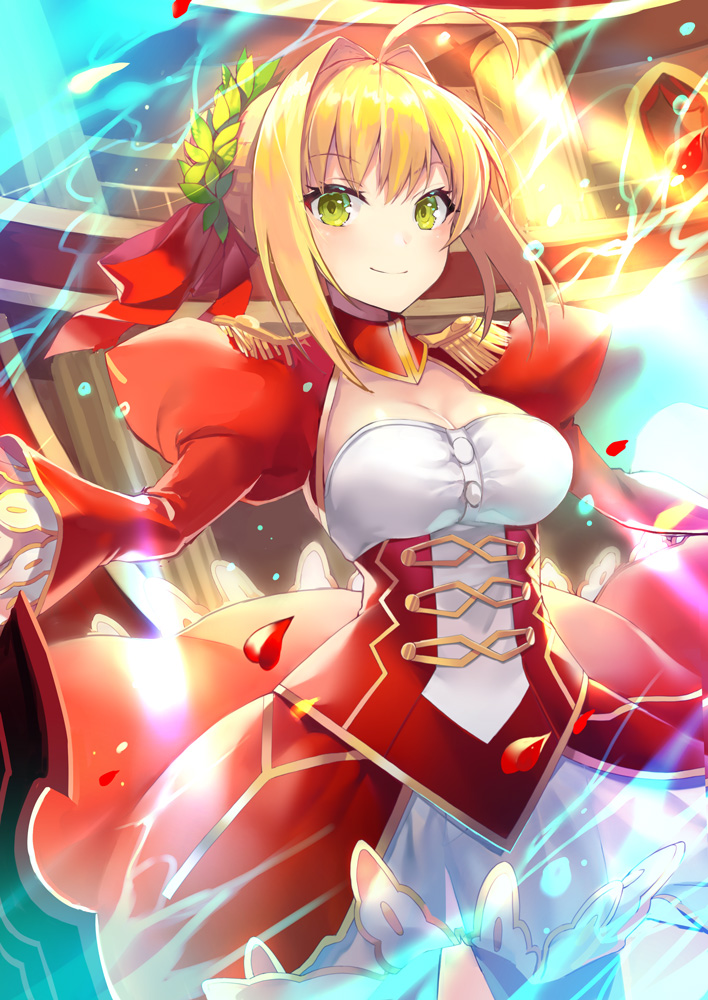 1girl aestus_domus_aurea aestus_estus ahoge bangs blonde_hair blush bow breasts cleavage closed_mouth dress epaulettes eyebrows_visible_through_hair fate/extra fate_(series) green_eyes hair_between_eyes hair_bow hair_intakes juliet_sleeves kagachi_saku large_breasts long_sleeves nero_claudius_(fate) nero_claudius_(fate)_(all) puffy_sleeves red_bow red_dress see-through see-through_silhouette sidelocks smile solo wide_sleeves